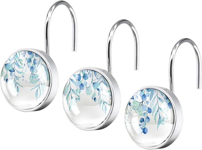 12 Pcs Spa Blue Eucalyptus Shower Curtain Hooks - Decorative Shower Curtain Hooks Rings Set - Farmhouse Stainless Steel Round Resin Shower Rings Hangers for Summer Bathroom Rods Decor