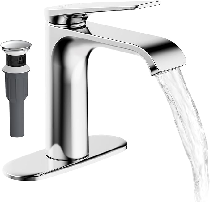 JOMOO Waterfall Bathroom Faucets, Modern Single Handle Bathroom Sink Faucet for 1 or 3 Holes, Washbasin Faucet with Deck, Pop-up Drain and Supply Hoses