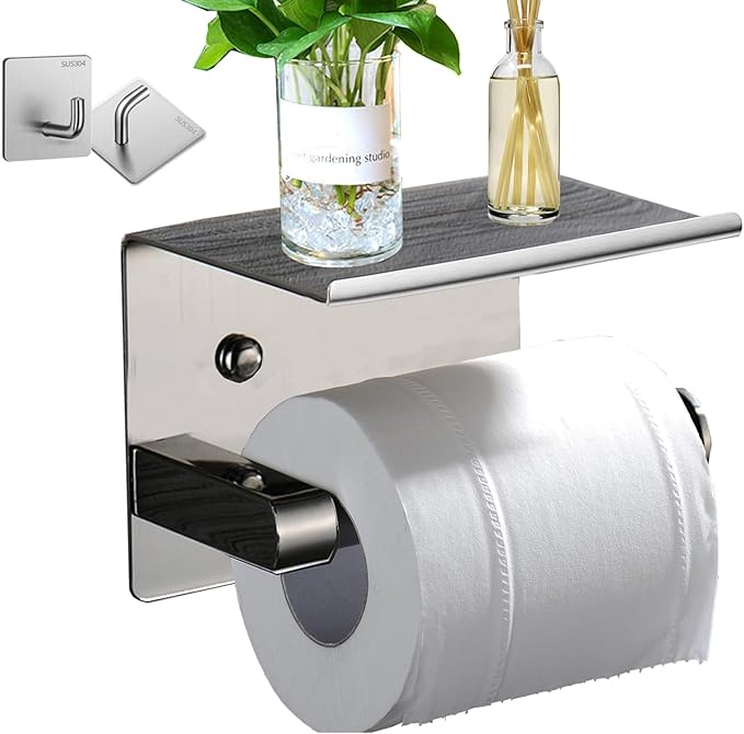 Self Adhesive or Screw Wall Mounted Toilet Paper Roll Holder with Phone Shelf, SUS 304 Stainless Steel Wall Mounted Toilet Paper Roll Holder - Stainless Steel Bathroom Hardware Set (Shiny)