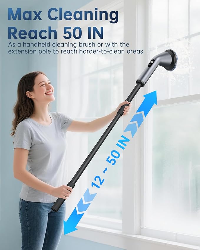 VICNOVA Electric Spin Scrubber, IPX7 Waterproof 2-Speed, Extendable Long Handle Cordless Cleaning Brush with 7 Replacement Brush Heads for Bathroom Car Shower Bathtub Glass Tub Tile Floor