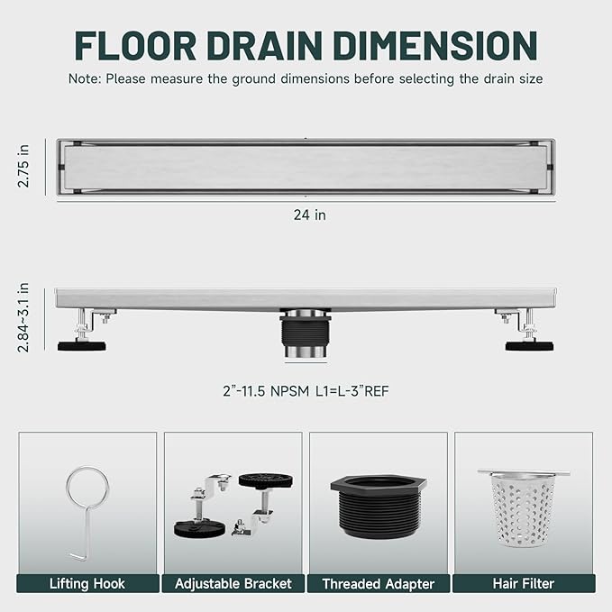 24-Inch Linear Shower Floor Drain, Stainless Steel Bathroom Floor Drains, Rectangular Shower Trench Floor Drain, Hair Strainer, Brushed Nickel