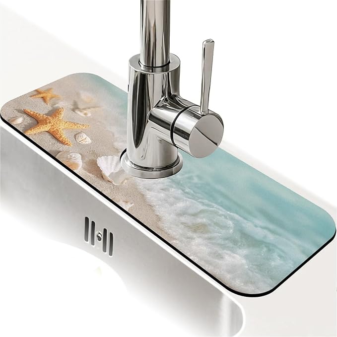 Kitchen Sink Splash Guard，Starfish and shells Faucet Mat Sink Gadgets-Super Absorbent Fast Drying Mat Drip Catcher for Kitchen, Bathroom,Sink Mat, Dish Drying Mat, Bathroom(15" X 5.5" )