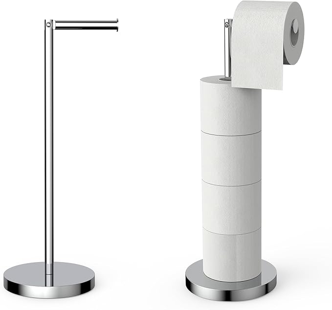 Free Standing Toilet Paper Rack, SUS304 180 Degree Rotatable Tissue Holder with Shelf, Polished Chrome Bathroom Storage Toilet Roll Stand