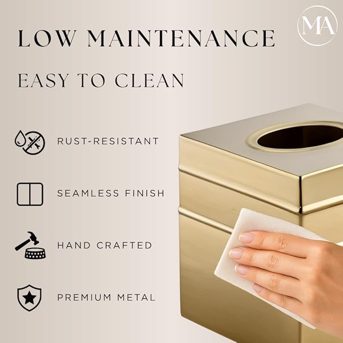 Monarch Abode Tissue Box Cover Square – Handcrafted Border Embossed Brushed Gold Metal Tissue Holder Box for Bathroom Accessory, Aesthetic Decorative Facial Napkin Cube for Modern Home Decor