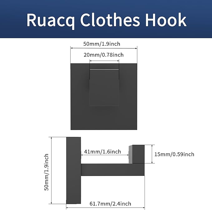 Ruacq Towel Hooks for Bathrooms, Heavy Duty Stainless Steel Square Bathroom Hooks, Wall Mounted Towel Hanger for Robe & Coat, Ideal for Kitchen, Bedroom, and Hotel Use(Matte Black, 2 Pack)