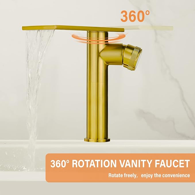 Becola Modern Brushed Gold Tall Waterfall Basin Mixer Tap with Adjustable Knobs and Two Supply Lines