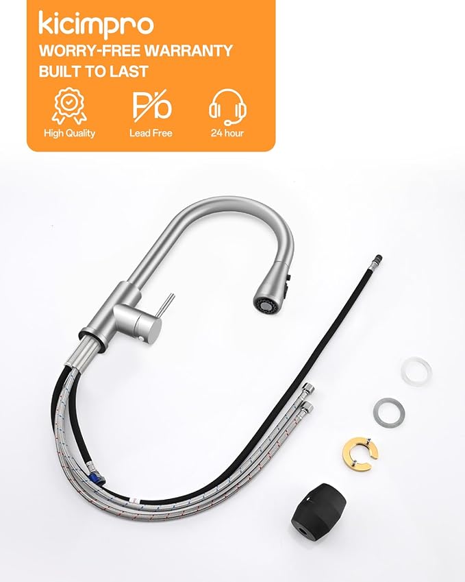 Kicimpro Kitchen Faucet with Pull Down Sprayer, Zero Leakage 3 Hole Brushed Nickel RV Kitchen Sink Faucet with Water Line, NSF Certified Lead-Free 304 Stainless Steel Pull Down Kitchen Faucet