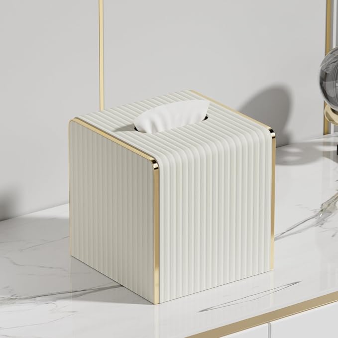 Tissue Box Cover,White Square Leather Tissue Box Holders with Gold-Tone Edging Decoration, Tissue Vessel for Bathroom Toilet Bedroom Living Room Table Desk Office,Modern Home Decor