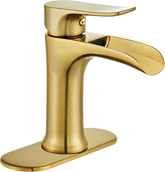 Yundoom Brushed Gold Bathroom Faucet - Single Hole Or 3 Hole, Farmhouse Rv Brass, Waterfall Design, 4 Inch Deck Plate