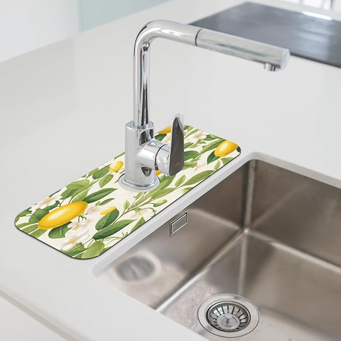 Lemon Blossom Pattern Kitchen Faucet Mat Splash Guard, 15.4”x5.7” Absorbent Quick Drying Sink Mat for Countertop Protection, Draining Mat Sink Protectors For Kitchen Bathroom, 1 Pack