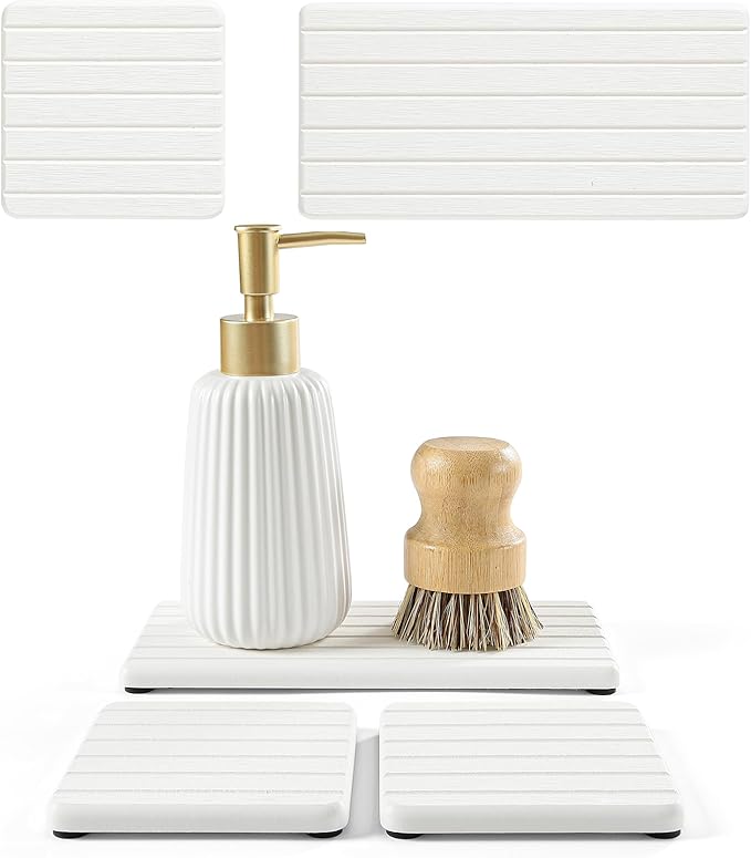 Diatomaceous Earth Sink Organizer Tray Set, 3-Pack Fast Drying Water Absorbing Stone Soap Holder Caddy for Kitchen & Bathroom Counter, Faucet Splash Guard, White (1pc of 8"x3.8" + 2pcs of 3.8"x3.8")