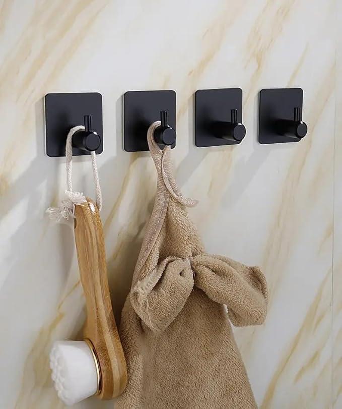4-Pack Adhesive Hooks – Heavy Duty Stainless Steel Stick-On Wall Hooks for Bathroom, Kitchen, Doors, and Cabinets – Waterproof, Rust-Resistant, No Drill Required (Black/Silver)