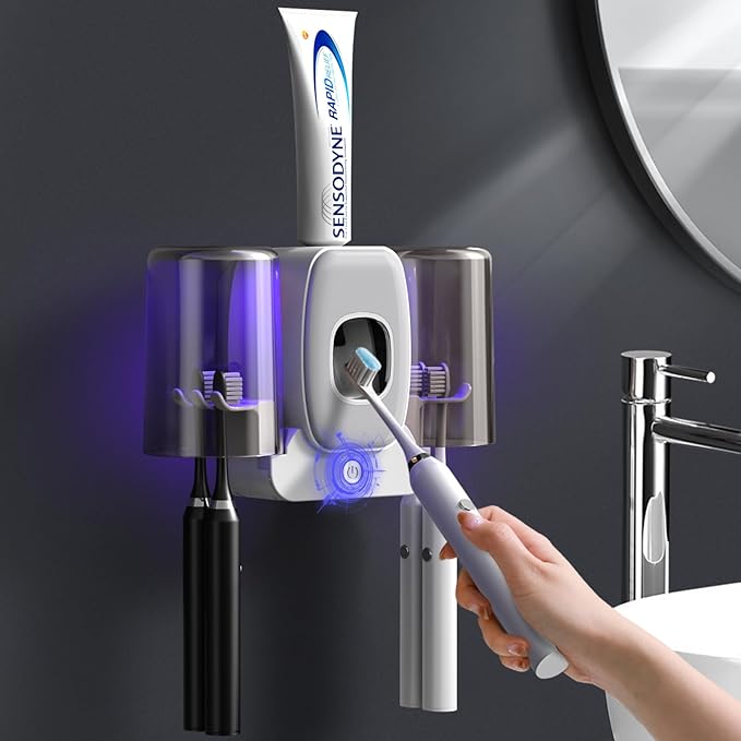 Toothbrush Holders for Bathrooms, Wekity Automatic Toothpaste Dispenser Space Saving Toothbrush and Toothpaste Holder，Toothbrush Holder Wall Mounted with 2 Cups for Bathroom (Grey)…