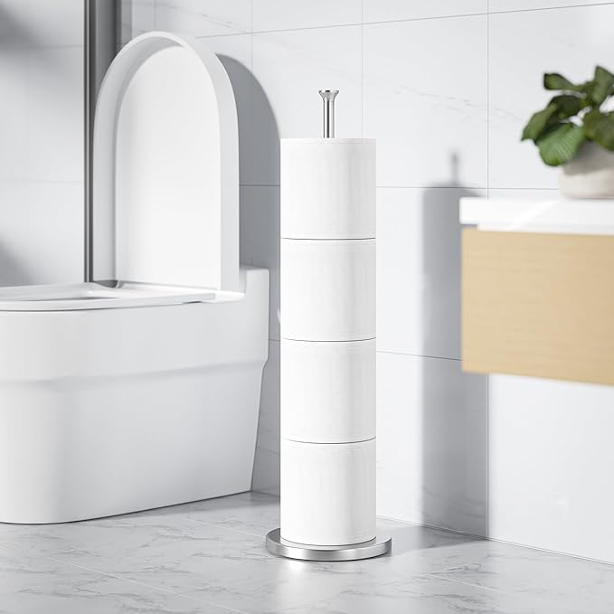 Stainless Steel Toilet Paper Holder Stand – Space-Saving Design for 4-6 Rolls – Modern Freestanding Bathroom Rolls Organizer