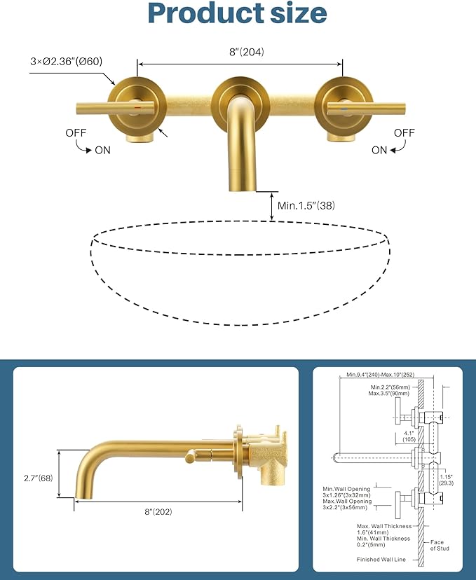 WOWOW Wall Mount Bathroom Faucet Gold Wall Faucet High Flow Two Handles Stainless Steels,Long Spout Reach,Widespread Bathroom Sink with Rough-in Valve 3 Holes Elegant Classic Spout