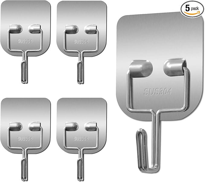 Metal Heavy Duty Self-Adhesive Wall Hooks – Waterproof Stainless Steel Hooks for Hanging Towels/Coats/Keys – Strong Adhesive, Rust-Resistant – 5 Pack for Bathroom/Kitchen/Outdoor