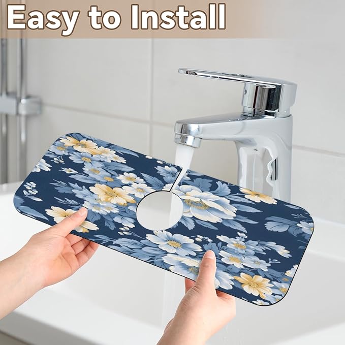 Deep Blue Floral Kitchen Faucet Mat Splash Guard, 15.4”x5.7” Absorbent Quick Drying Sink Mat for Countertop Protection, Draining Mat Sink Protectors For Kitchen Bathroom, 2 Pack