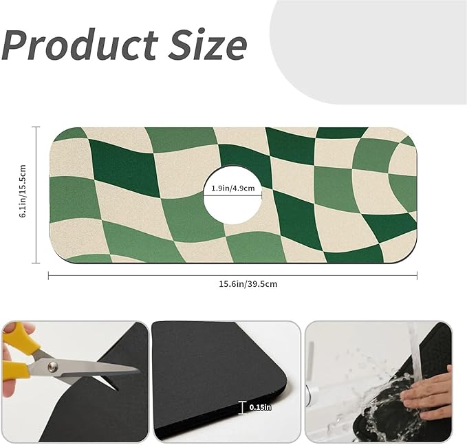 Kitchen Sink Splash Guard，Green-and cream checkered Faucet Mat Sink Gadgets-Super Absorbent Fast Drying Mat Drip Catcher for Kitchen, Bathroom,Sink Mat, Dish Drying Mat, Bathroom(15" X 5.5" )