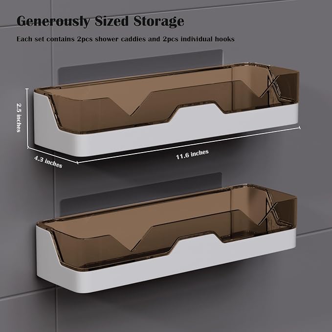 2-Pack Adhesive Shower Caddy, Shower Shelves with Hooks, No Drilling Shower Racks for inside shower & Kitchen Storage (Gold)