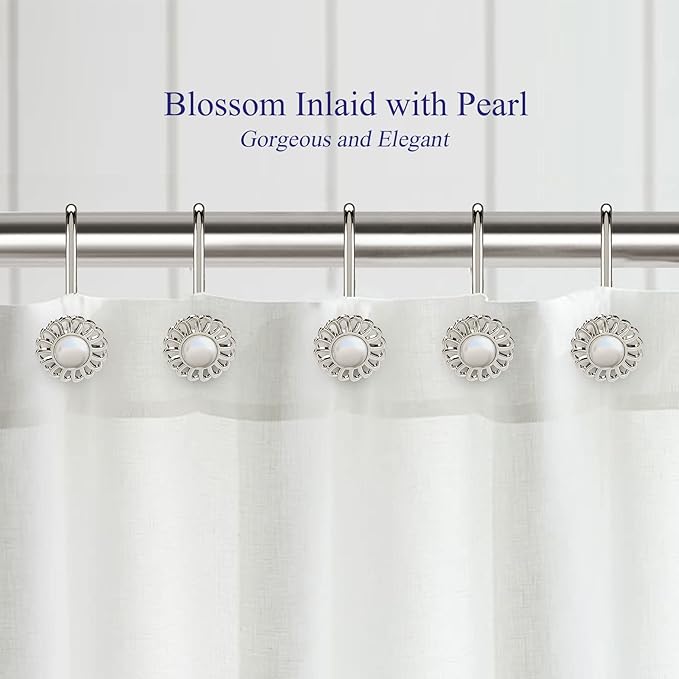 Nickel Shower Curtain Hooks Rings, Decorative Shower Curtain Hangers, Heavy Duty Metal Shower Rings, Sunflower Shower Hooks for Shower Curtain Rod and Liner, Bathroom Curtain Hooks, Set of 12