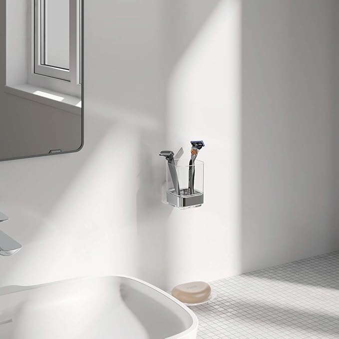 Wall-Mounted Tumbler and Toothbrush Holder, Wall Mounted Adhesive Hanging Electric Toothbrush Organizer Stand for Bathroom, No Drilling Required (White+Chrome, 3.93"X3.93"X2.97")