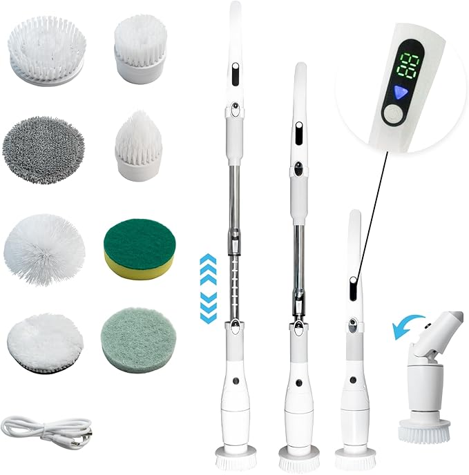 Electric Spin Scrubber with LCD Display,Shower Scrubber with Long Handle,Cordless Power Cleaning Brush with 8 Brush Heads, Electric Scrubber for Bathroom Kitchen Cleaning,IPX7 Waterproof