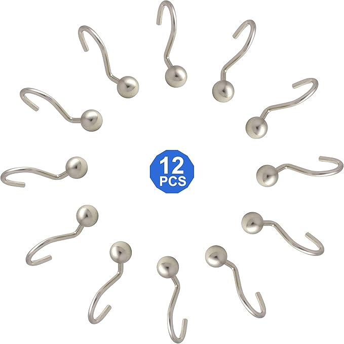 Popular Bath Ball Nickel Metal Shower Curtain Hooks Slips Through Curtain Grommet Easy To Install, Set of 12