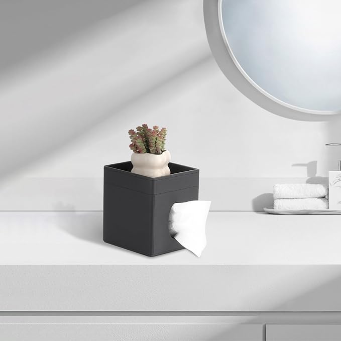 MOCHTERO Decorative PU Leather Tissue Box Cover,Square Tissue Holder with Storage Tray, Bathroom Accessories,for Home and Office, Black