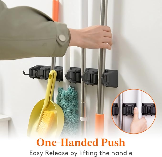 Lifewit Mop and Broom Holder Wall Mount, Anti-Slip Broom Hanger for Kitchen Organization, Heavy Duty Cleaning Supplies Organizer, Easy Install Tool Organizer for Closet, Garage, 2 Pack, Black