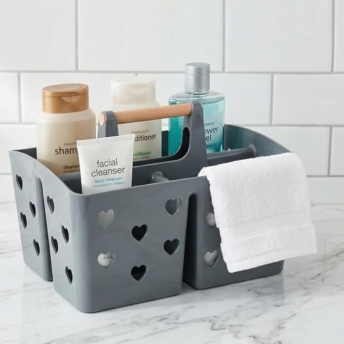 Gray Portable Shower Caddy with Handle, Large Plastic Shower Basket Organizer for College Dorm Room Essentials, Bathroom, Gym, Camping, Non-Slip Drainage Design for Toiletries & Cleaning Supplies