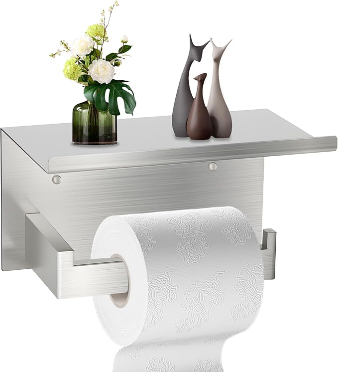 Wall Mounted Toilet Paper Holder with Shelf, Brushed Nickel Bathroom Tissue Roll Holder Storage Organizer for Phone, Book, Plant, Extra Roll, Easy Mount Hardware Included