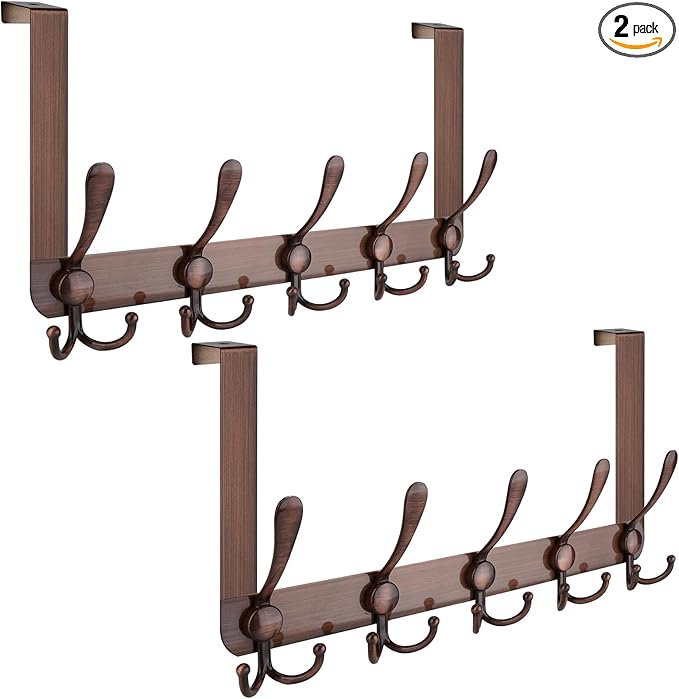 TICONN Over The Door Hooks, 5 Heavy Duty Tri Coat Rack All Metal Coat Hanger for Bathroom Bedroom Dorm (Antique Bronze, 2PK, Fit 1-3/8" Doors)