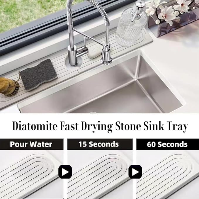 Stone Faucet Mat for Kitchen Sink, 15.7'' Long Absorbent Diatomite Sink Faucet Mat, Quick Drying Faucet Splash Guard for Kitchen,Bathroom Counter, Prevents Moisture, Super Absorbent, White