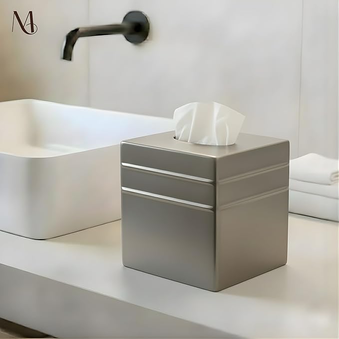 Monarch Abode Tissue Box Cover Square – Handcrafted Border Embossed Pewter Metal Tissue Holder Box for Bathroom Accessory, Aesthetic Decorative Facial Napkin Cube for Modern Home Decor