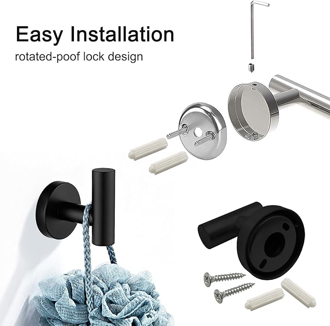7 PCS Bathroom Hardware Set, Matte Black Stainless Steel Bathroom Tower Rack Set Wall Mounted Includes 16" Towel Bar, Toilet Towel Paper Holder, Towel Ring, 4 Robe Towel Hooks