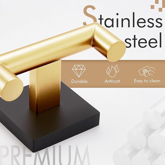 KOKOSIRI Robe Hooks Bath Towel Hooks Bathroom Hardware Double Coat Hooks Wall Mounted, Stainless Steel 3 Pack Black with Gold B1015GDK-P3