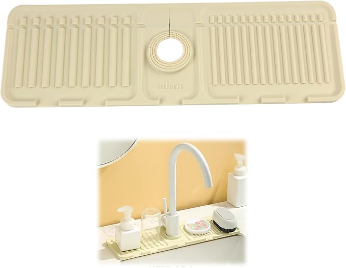 Faucet Mat for Kitchen Sink Splash Guard, 17.5"X5.5" Silicone Sink Splash Guard with Soap Holder, Snap-On Design & 7°slope Fast Drain, Perfect for Stone Sinks in Kitchen & Bathroom