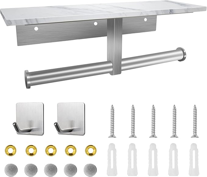 Toilet Paper Holder with Shelf, Double Toilet Paper Holder Wall Mount and 2PCS Free Adhesive Hooks for Bathroom Washroom, Marble Toilet Paper Holder Brushed Nickel