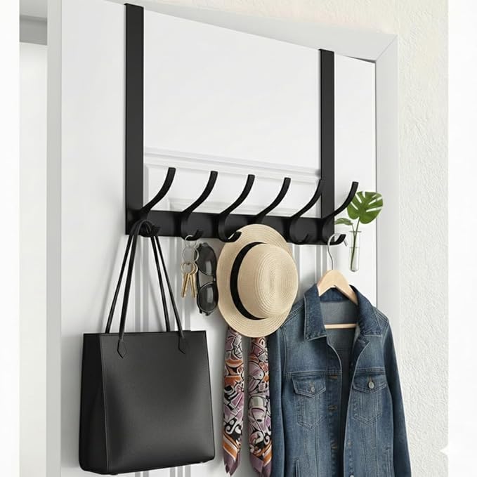 Large Over The Door Hooks, Sturdy Door Hanger with 12 Hooks, Door Towel Rack for Bathroom, Bedroom, Kitchen, Coat Rack for Hanging, Easy to Install (Black)