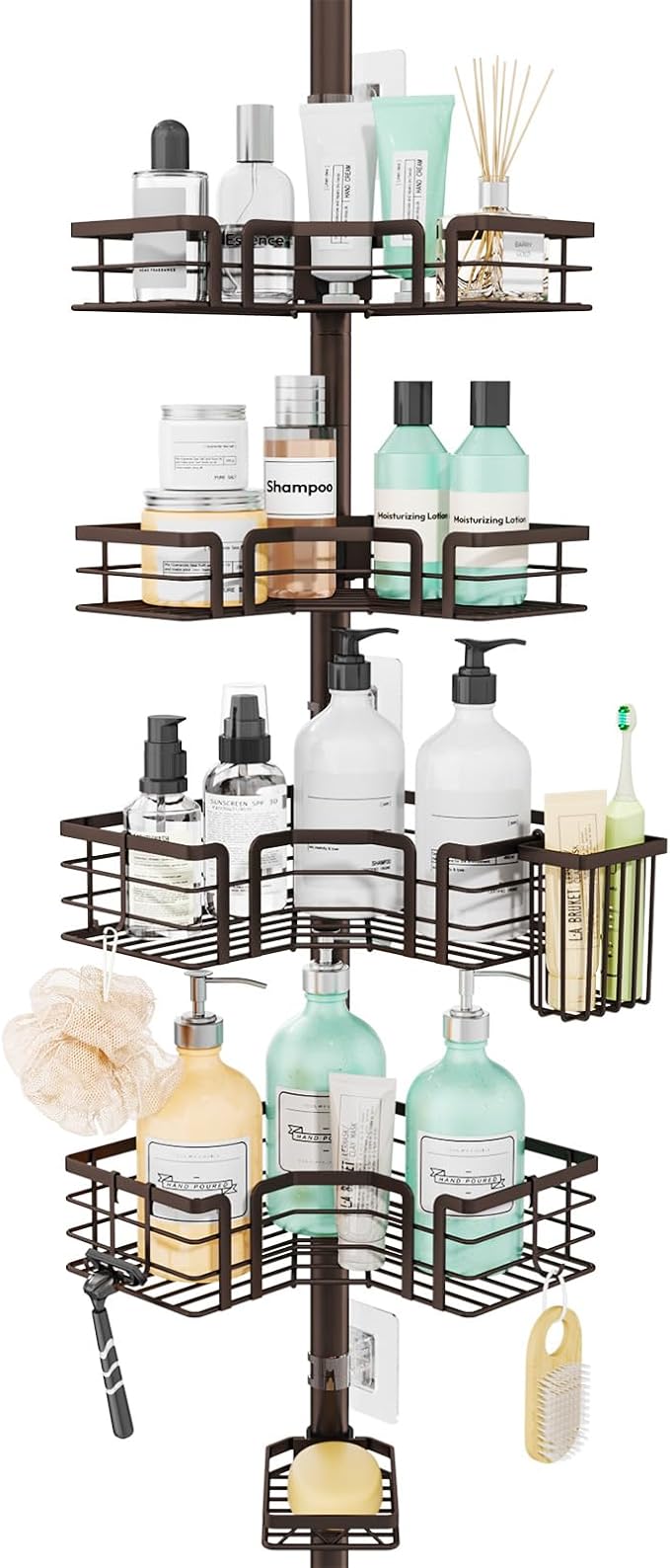 SWTYMIKI Shower Caddy Tension Pole - 4-Tier Corner Shower Organizer Tension Rod with Soap Holder, Toothbrush Holder & 4 Hooks, Adjustable Stainless Steel Bathroom Organizer 27.6 to 108.3 inch, Bronze