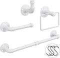 4-Pieces Industrial Pipe Bathroom Towel Ring Kit DIY Wall Mount Accessories Kit Includes Robe Hook Towel Bar and Towel Ring (White 18 inch)