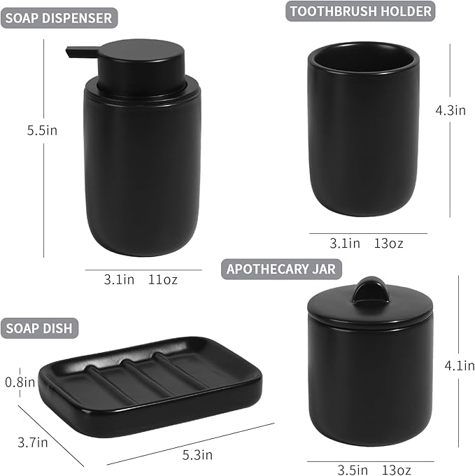 BosilunLife Ceramic Bathroom Accessories Sets - Black Bathroom Vanity Sets Accessories Soap Dispenser Toothbrush Holder Set, Soap Dish and Cotton Swab Jars, Bath Accessories Sets for Bathroom