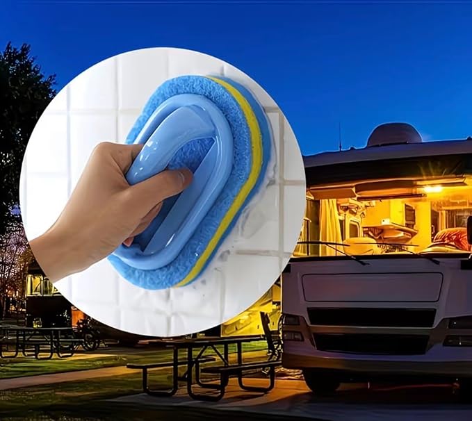 Tile and Grout Cleaning Brush with Handle, Blue and Yellow, Multi-Layer Sponge Scrubber, 5.12 x 2.61 Inches