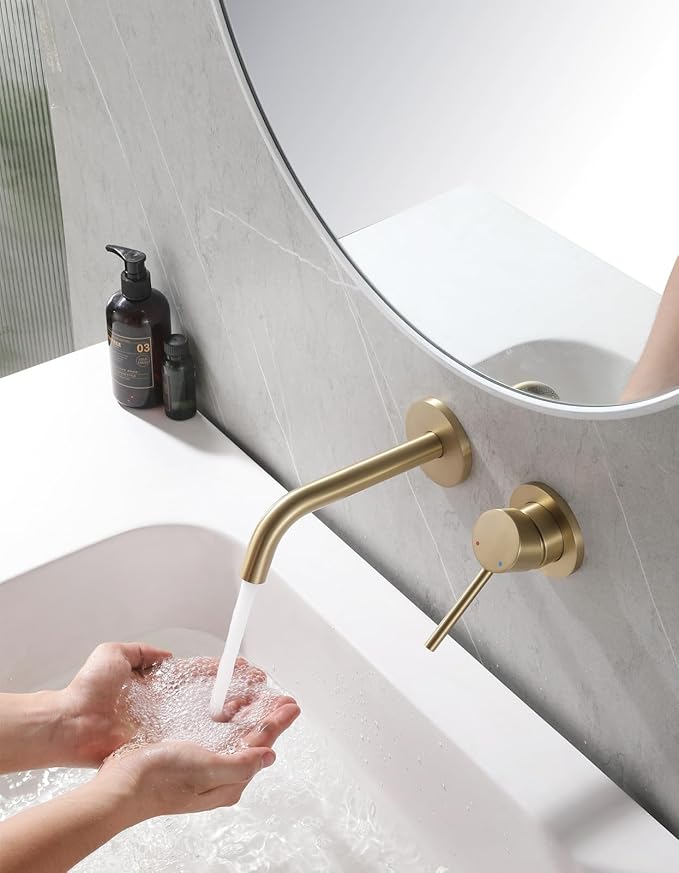Weshi Bathroom Faucets Wall Mount Brushed Gold Bathroom Basin Faucet - Single Handle Vanity Tap - Curved Wall Spout Sink Faucet with Rough-in Valve