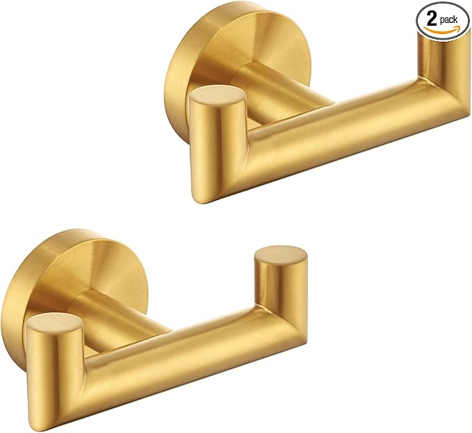 APLusee Brushed Gold Double Towel Hook 2 Pack, 304 Stainless Steel Clothes Hook, Wall Mounted