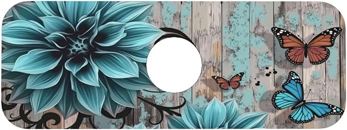 Blue Floral Butterfly 15" X 5.5" Kitchen Sink Splash Guard, Faucet Guard Draining Mat, Faucet Suction Pad For Kitchen Bathroom