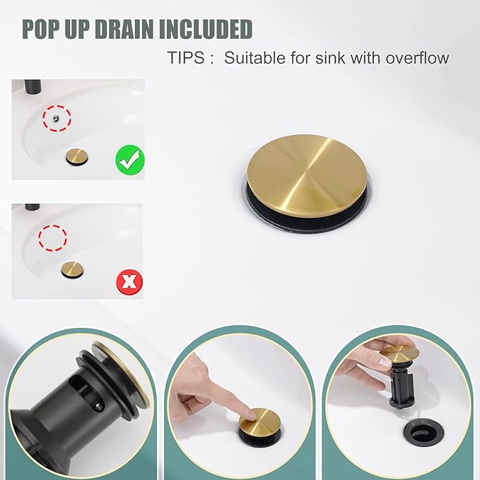 Hoimpro 3 Holes 4 Inch Bathroom Faucet, Waterfall Brushed Gold Two Handles Centerset Sink Faucet with cUPC Supply Hoses and Pop Up Drain