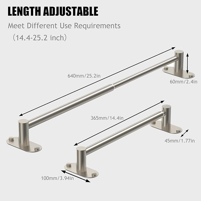 Towel Bar, Adjustable 14.4inch - 25.2inch Towel Rack, Self Adhesive Wall Mounted for Bathroom Kitchen Hand Towel Holder Cloths Hanger 304 Stainless Steel Organizer Single Bar (Brushed Nickel)