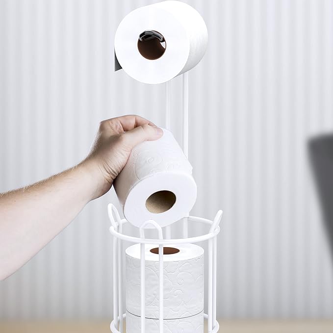Meangood Toilet Paper Holder Stand and Tissue Paper Roll Dispenser for 4 Mega Rolls, Bathroom Free Standing Tissue Roll Storage Holder Rack, Metal Wire White