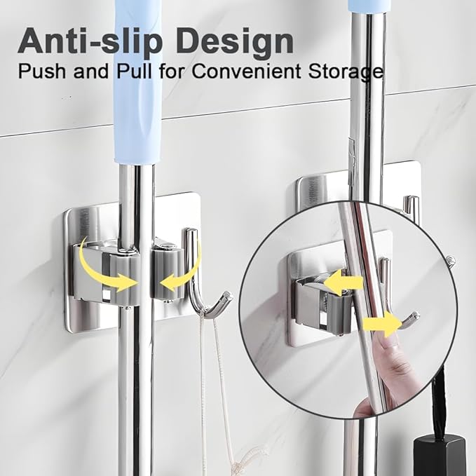 4 Pack Self Adhesive Broom Holder Wall Mount, Heavy Duty Mop Holders No Drill, 2 in 1 Broom Holder with Storage for Laundry Room, Garage, Bathroom, Closet Kitchen, Garden Organization